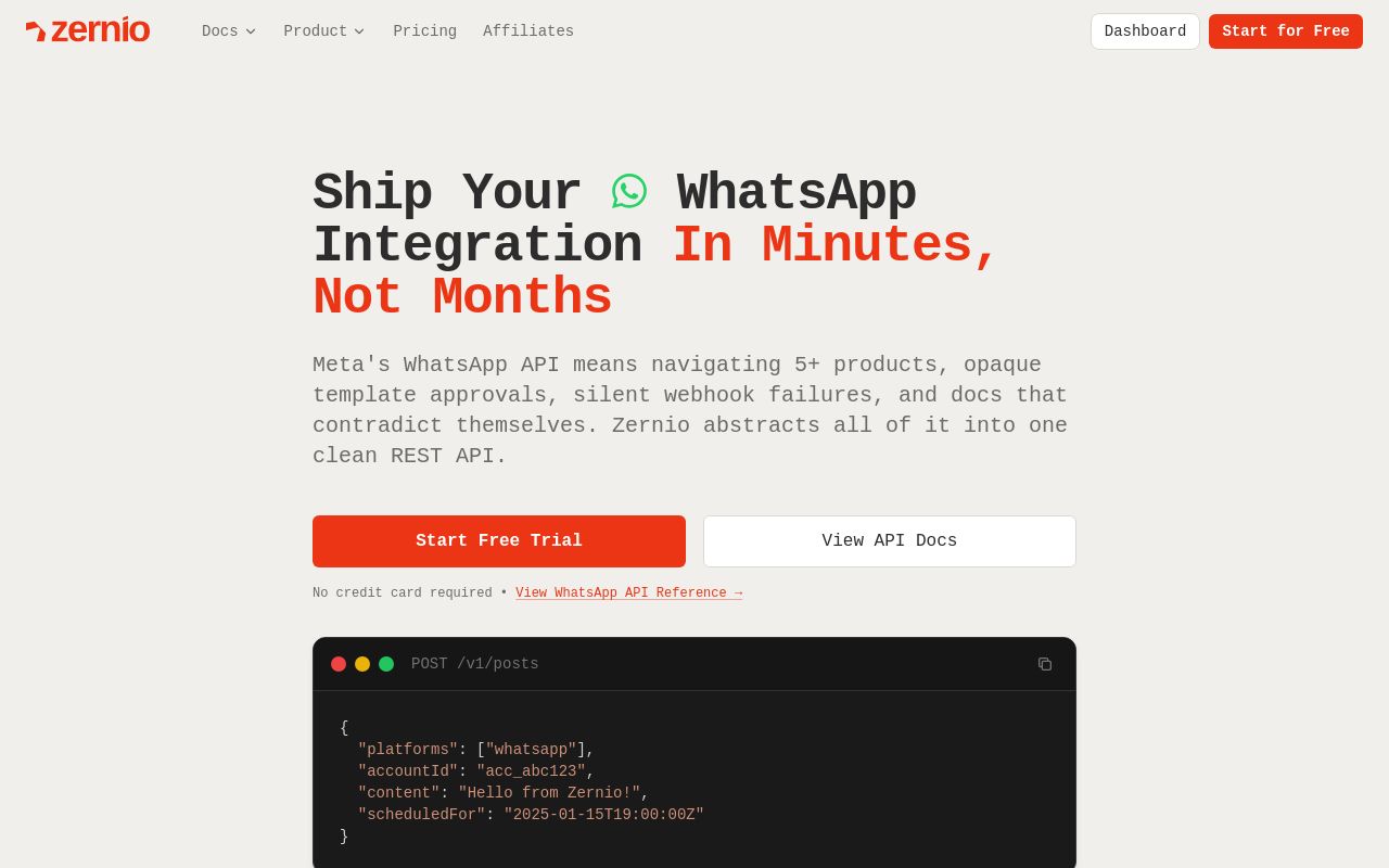 Vista previa de Zernio WhatsApp API