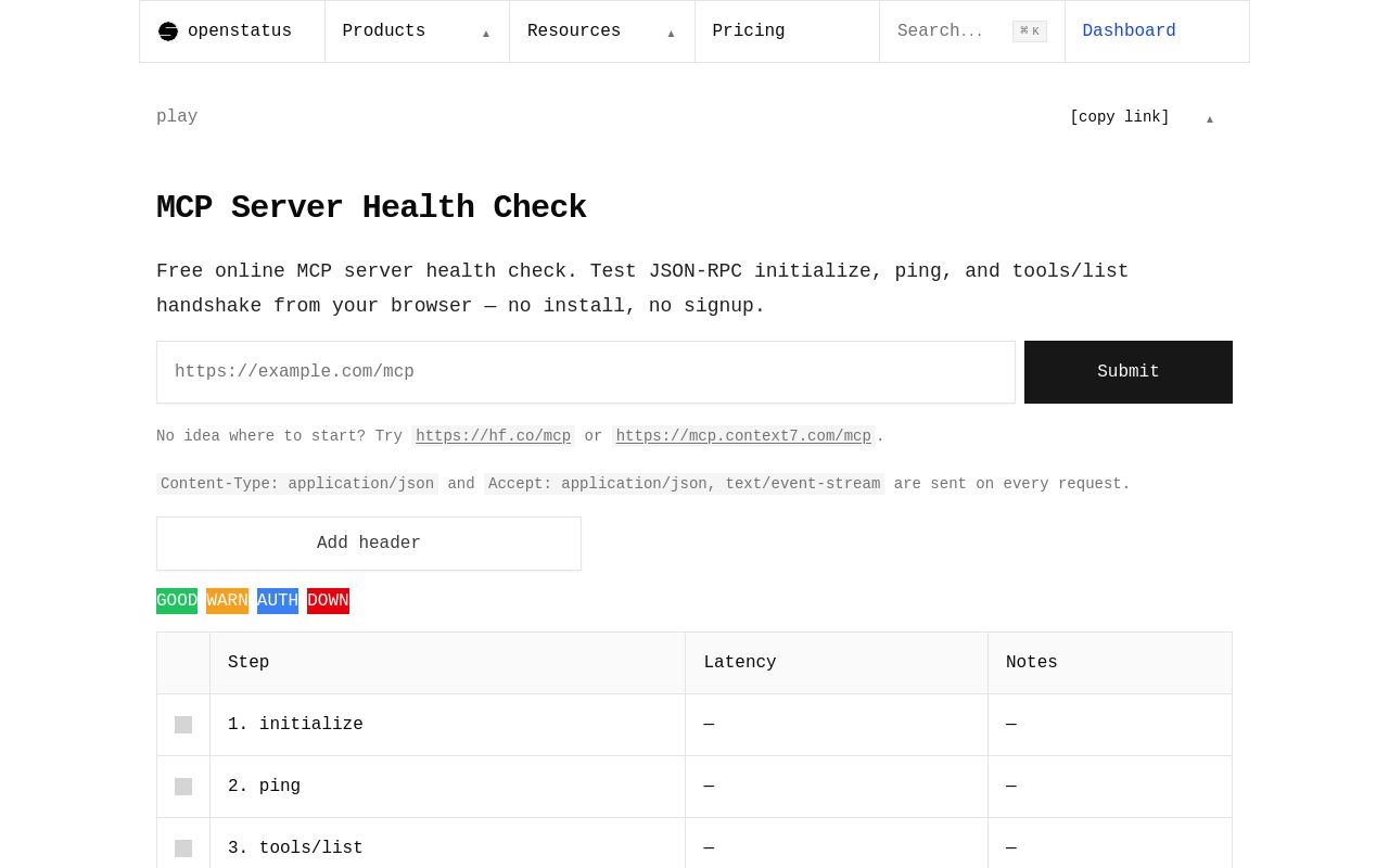 Openstatus MCP Health Checker screenshot